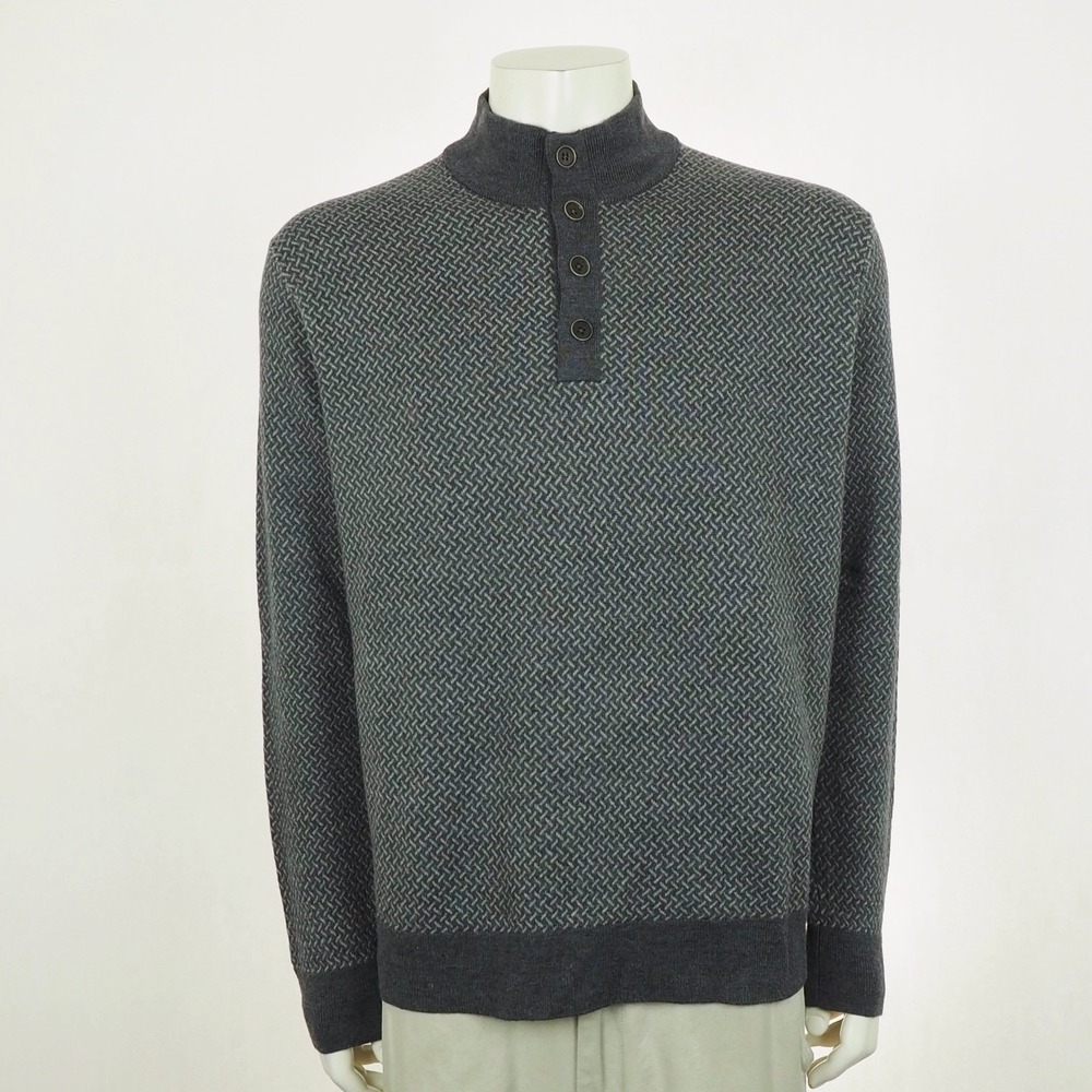 Untuckit Sorensen Cross Stitch Pullover Sweater Mens XL Gray Merino Wool Henley